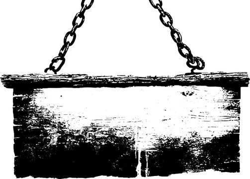 Black and white stencil art of broken metal sign hanging by chains for vintage design