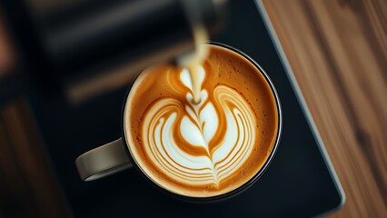 Close-up of a latte with intricate foam design being poured, coffee art process.