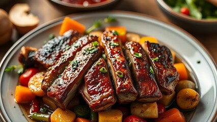 Roasted pork with vibrant vegetables, showcasing a delicious and colorful culinary presentation.