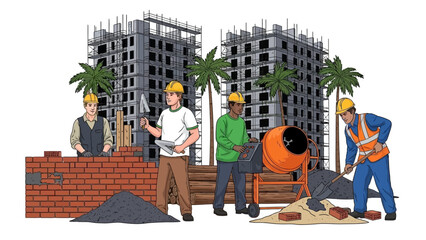 Diverse team of construction workers collaborating on a new residential building project, illustrating future urban development and real estate growth