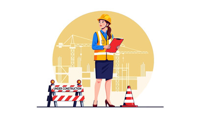 A professional female engineer in a safety vest and hard hat stands with a clipboard at a building construction site