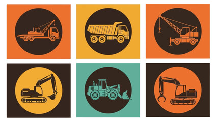 Set of heavy construction vehicle icons with excavator, crane, and dumper truck silhouettes. Flat vector graphic design elements for the building industry © John