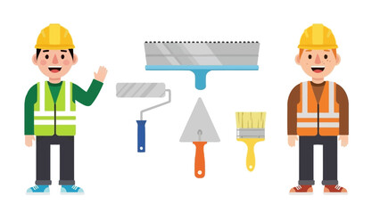 Collection of cartoon construction worker characters and a set of professional renovation tools for painting and plastering projects 489