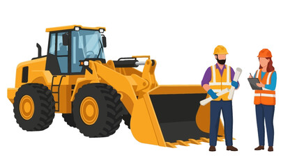 Construction site crew with a front loader heavy equipment vehicle discussing project plans illustration