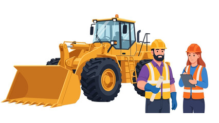 Professional construction crew with a foreman and engineer planning work next to a large yellow front loader