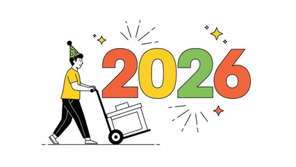 New Year 2026 celebration concept with a character pushing away old trash. Clean vector graphic for a fresh start