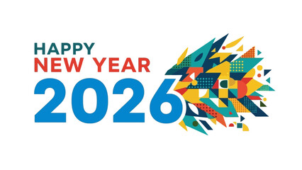 Colorful abstract geometric design for a Happy New Year 2026 celebration banner or greeting card on a white background