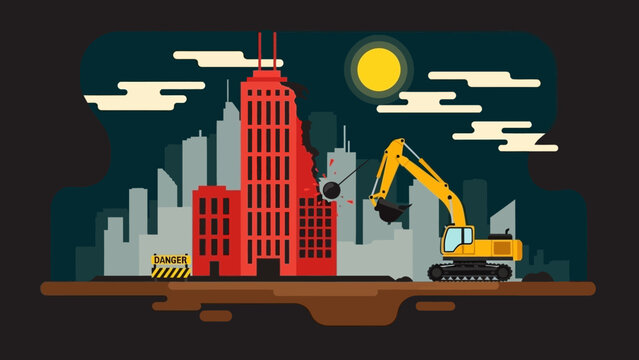 Vector illustration of an excavator at a nighttime construction site, demolishing a building for urban redevelopment and progress