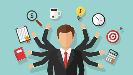 Vector illustration of a versatile manager showcasing multitasking skills and effective business management for future productivity goals