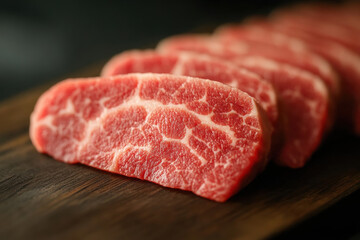 Fototapeta premium Close-up of fresh raw beef steaks on a wooden cutting board. a selection of raw beef steaks, perfect for culinary projects and food-related content.