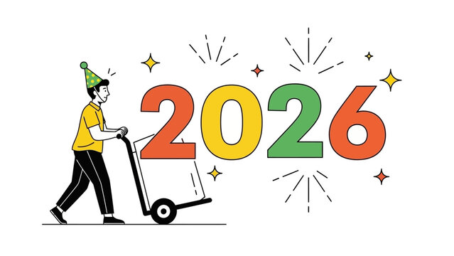 Illustration of a delivery man with a hand truck bringing in the new year 2026 with a celebratory party hat and fireworks