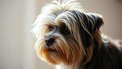 Tibetan terrier with fluffy coat, portrait with natural side lighting.
