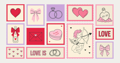 Vector hand-drawn romantic stamp set with cute valentine day symbols: hearts, cupid, rings,arrows, potion, love letter, gifts in soft pastel tones for a festive banner, web, scrapbooking, and mail art