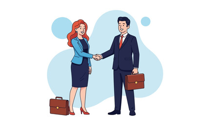 Businessman and businesswoman shaking hands, symbolizing a successful partnership agreement. Modern flat vector illustration of professional colleagues