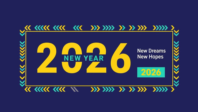 Inspirational New Year 2026 greeting banner with 'New Dreams New Hopes' quote and modern geometric pattern vector design