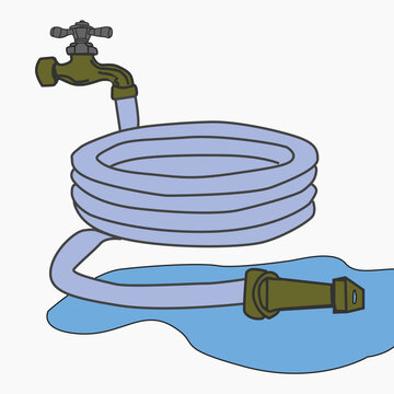 Vector logo design featuring a garden hose connected to a faucet, with a small puddle of water on the ground.