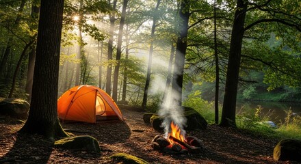 A tent pitched in a forest with a campfire burning in the foreground.