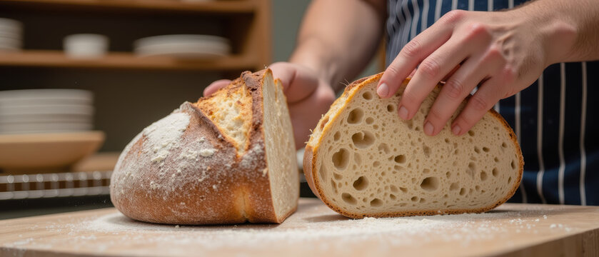 Freshly baked bread artisan loaf slicing bread hands holding bread kitchen setting flour on surface rustic style homemade bread