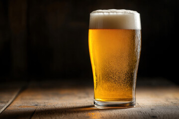 A refreshing pint of cold beer with a foamy head on a wooden table. a full glass of beer, perfect for advertising or illustrating a relaxing moment.