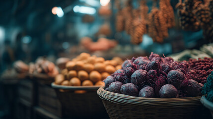 Close up of baskets filled with various fruits and vegetables at a market stall display area