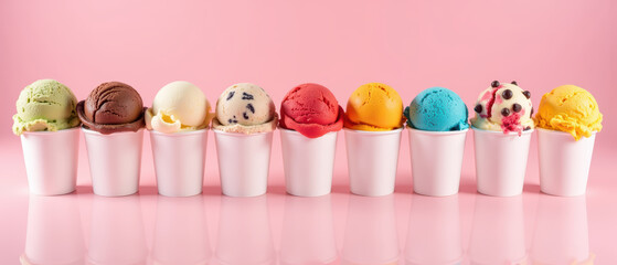 Delicious ice cream scoops in colorful flavors arranged in white cups against pink background, evoking sense of joy and indulgence