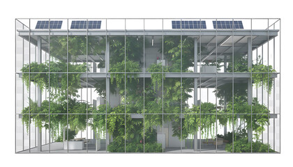 Obraz premium Modern eco friendly building structure with glass walls and indoor vertical garden
