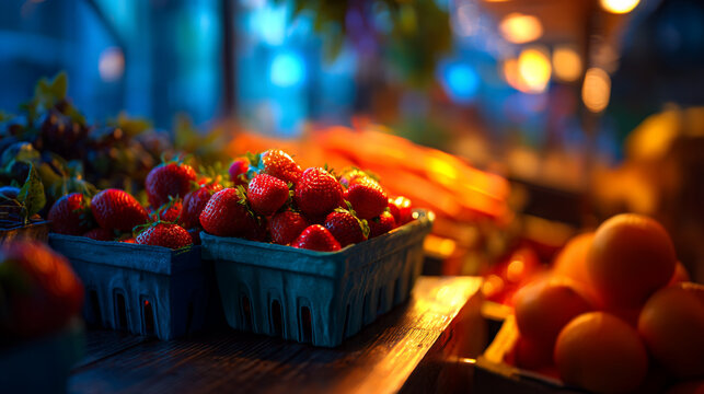 Close up of fresh strawberries in blue baskets with oranges and blurred background lights scene