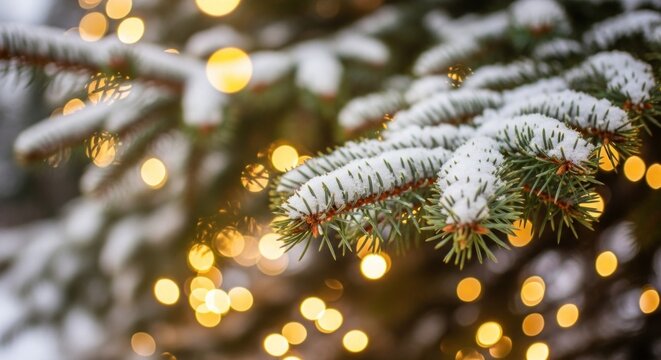 A snowy Christmas tree branch with snowflakes and glowing lights. - Powered by Adobe