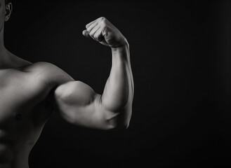 Muscular man flexing bicep in black and white photography  