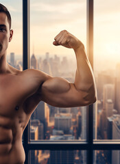 Young muscular man flexing bicep while standing indoors with city view  