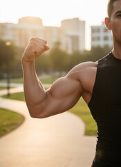 Young athletic man flexing bicep while standing in park at sunset  