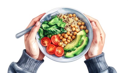 Healthy chickpea quinoa salad bowl held by hands ready to eat lunch