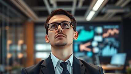 Professional viewing abstract data visualization in contemporary workspace.