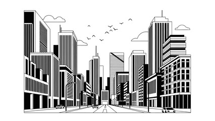 Fototapeta premium Black and white line art illustration of a modern city street with tall buildings, cars, and birds flying in the sky.