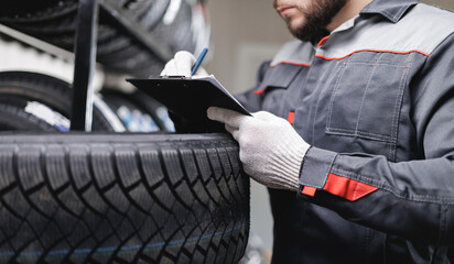 Closeup winter tyre, Male mechanic inspecting tires in auto repair shop