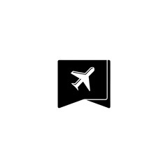 Obraz premium Airplane icon inside a black square with a folded corner and a ribbon underneath the square on transparent background