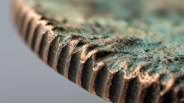 A Single Weathered Copper Coin Balanced on Its Edge, Captured in Large-Format Extreme Detail with Raking Warm Side Light