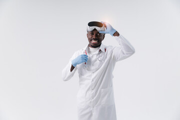 African male scientist using vr headset in laboratory setting, medical innovation technology with virtual reality