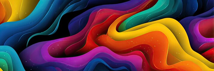 Abstract flowing layers of vibrant colors, smooth gradient, modern design on a black backdrop