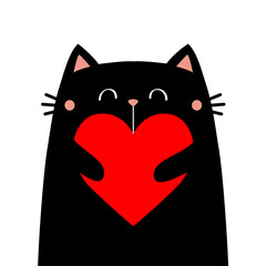 Black cat kitten kitty holding big red heart. Cute cartoon kawaii funny animal baby character. Flat design. Happy Valentines Day. Love card. Childish style. Isolated. White background. Vector