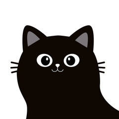 Cute cartoon peeking cat head face. Looking from the corner. Kawaii baby character. Black kitten animal. Pet collection. Flat design. Childish style. Sticker print. White background. Isolated. Vector