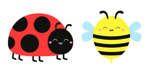 Cute smiling bee bumblebee Lady bug ladybird flying insect icon set. Ladybug. Side view. Cartoon kawaii funny baby character. Happy Valentines Day. Flat design. White background. Vector illustration