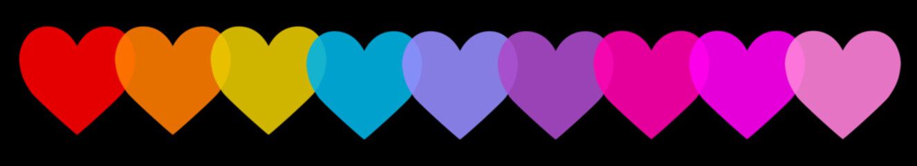 Colorful heart icon set line banner. Happy Valentines day. Love sign symbol simple template. Different color. Greeting card. Decoration element. Simple flat design. Black background. Vector illustrati