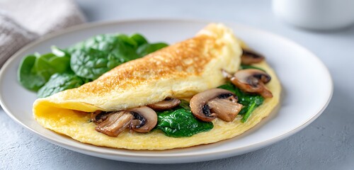 A freshly made omelet with sauted mushrooms and spinach, resting on a clean white plate with soft, diffused light in the background
