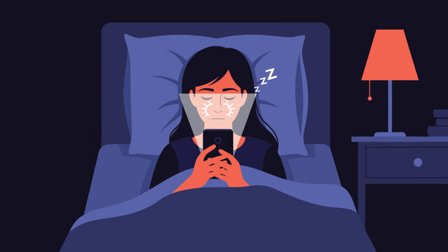 Woman in bed at night using a smartphone, illuminated by screen glow, with sleep symbols above her head.