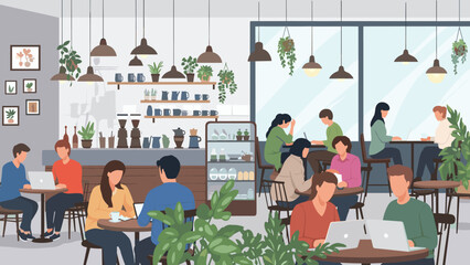 People working and socializing in a modern, plant-filled coffee shop setting.