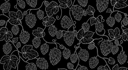 Seamless pattern with white outline hand-drawn hop cones and leaves on a black background, perfect for brewing and beverage design.