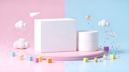 Pastel Baby-Themed 3D Mockup Display with Clouds and Blocks