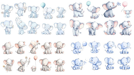 Obraz premium A sweet watercolor collection of baby elephants in playful poses holding balloons, sitting, dancing, and interacting. Perfect for children themes, nursery art, and adorable decorative projects.