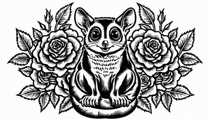 Charming Black and White Possum Illustration with Floral Accents.